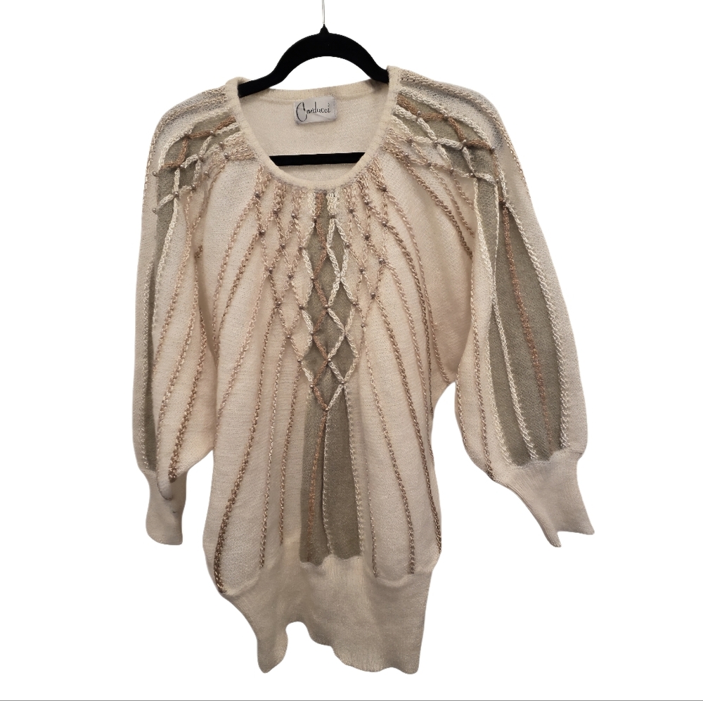 80s Vintage Carducci Chic Knit Cream and Tan Faux Pearl Embellished Sweater
